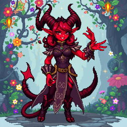 A vibrant pixel art depiction of a tiefling woman, showcasing her unique features like crimson skin, curved horns, and a long, elegant tail