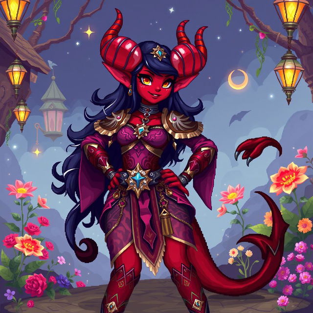 A vibrant pixel art depiction of a tiefling woman, showcasing her unique features like crimson skin, curved horns, and a long, elegant tail