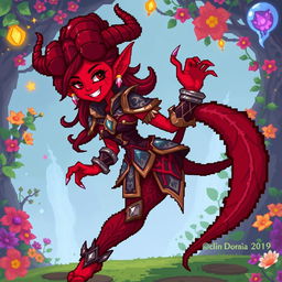 A vibrant pixel art depiction of a tiefling woman, showcasing her unique features like crimson skin, curved horns, and a long, elegant tail