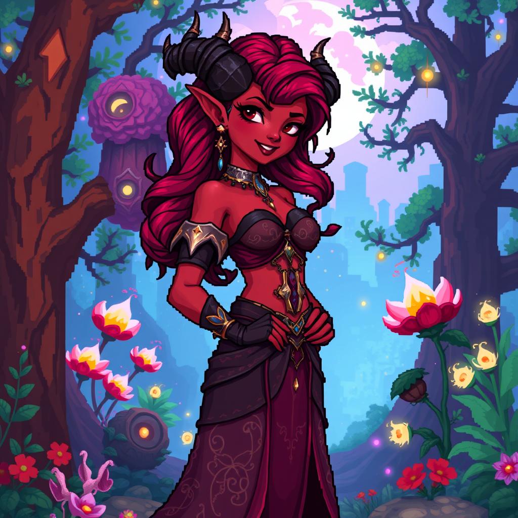 A 16-bit style representation of a tiefling woman, showcasing her distinctive characteristics such as deep crimson skin, elegantly twisted horns, and a playful, confident expression