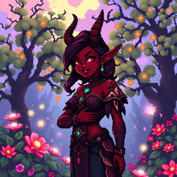 A 16-bit style representation of a tiefling woman, showcasing her distinctive characteristics such as deep crimson skin, elegantly twisted horns, and a playful, confident expression