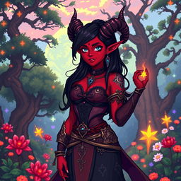 A 16-bit style representation of a tiefling woman, showcasing her distinctive characteristics such as deep crimson skin, elegantly twisted horns, and a playful, confident expression