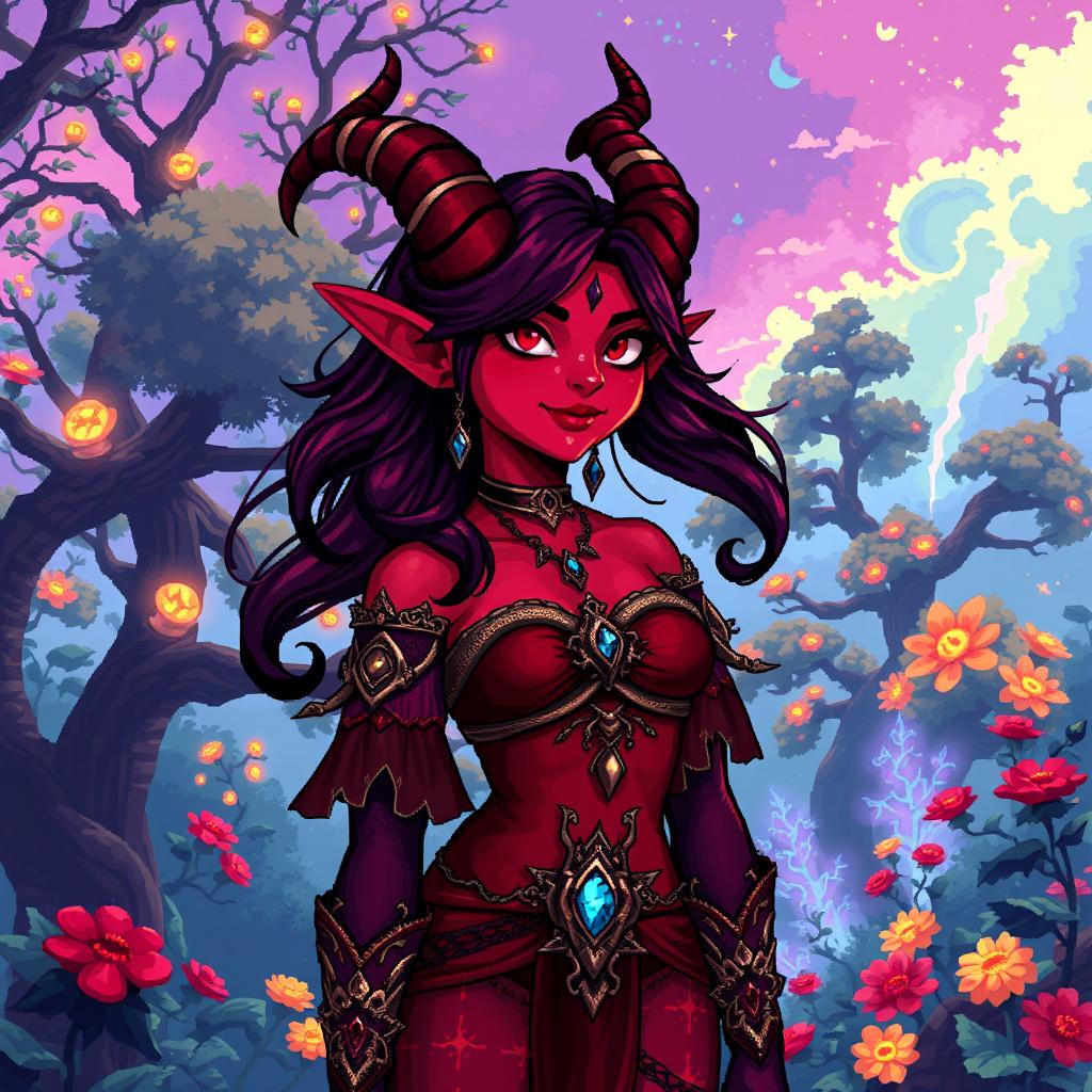 A 16-bit style representation of a tiefling woman, showcasing her distinctive characteristics such as deep crimson skin, elegantly twisted horns, and a playful, confident expression