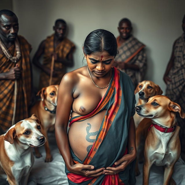 A poignant photo capturing a worried, bruised, tired, and exhausted young pregnant Indian woman wearing a vibrant saree, her exposed midsection revealing a powerful snake tattoo that symbolizes her strength