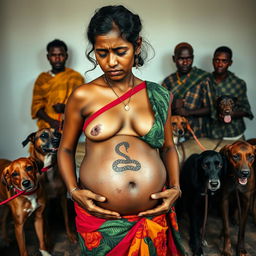 A poignant photo capturing a worried, bruised, tired, and exhausted young pregnant Indian woman wearing a vibrant saree, her exposed midsection revealing a powerful snake tattoo that symbolizes her strength