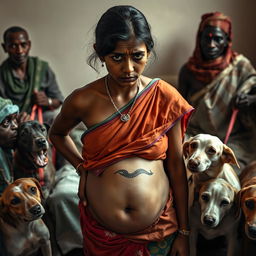 A poignant photo capturing a worried, bruised, tired, and exhausted young pregnant Indian woman wearing a vibrant saree, her exposed midsection revealing a powerful snake tattoo that symbolizes her strength