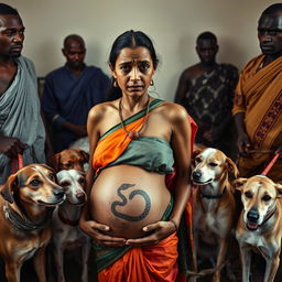 A poignant photo capturing a worried, bruised, tired, and exhausted young pregnant Indian woman wearing a vibrant saree, her exposed midsection revealing a powerful snake tattoo that symbolizes her strength