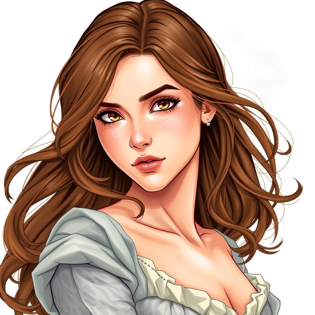 A book cover featuring the main character, a strong and determined woman with brown hair and brown eyes, her complexion is fair with subtle freckles across her cheeks