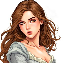 A book cover featuring the main character, a strong and determined woman with brown hair and brown eyes, her complexion is fair with subtle freckles across her cheeks