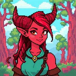 An 8-bit style representation of a tiefling woman, characterized by her vibrant red skin, prominent horns, and a charming expression