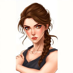 A book cover featuring the main character, a strong and determined woman with brown hair and brown eyes, her complexion is fair with subtle freckles across her cheeks