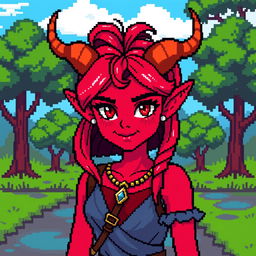 An 8-bit style representation of a tiefling woman, characterized by her vibrant red skin, prominent horns, and a charming expression