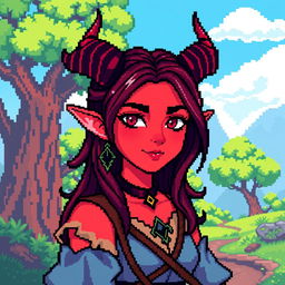 An 8-bit style representation of a tiefling woman, characterized by her vibrant red skin, prominent horns, and a charming expression