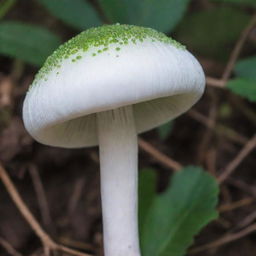 A vivid image of a white mushroom having grey stripes on the sides of the stem, topped with a vibrant green cap.