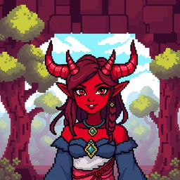 An 8-bit style representation of a tiefling woman, characterized by her vibrant red skin, prominent horns, and a charming expression