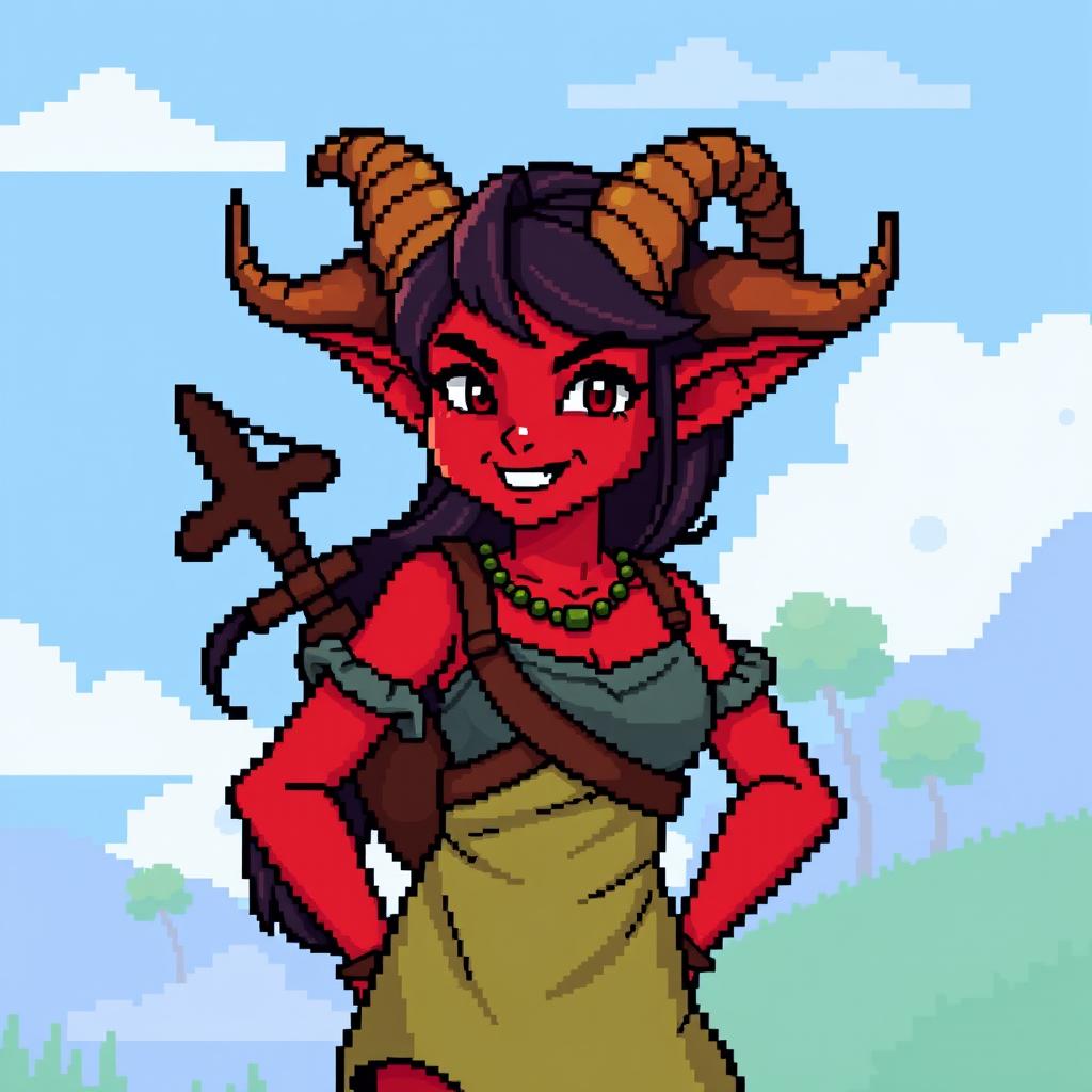 An 8-bit style depiction of a tiefling woman, featuring her iconic red skin, large curled horns, and a mischievous smile