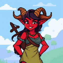 An 8-bit style depiction of a tiefling woman, featuring her iconic red skin, large curled horns, and a mischievous smile