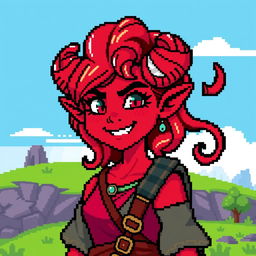 An 8-bit style depiction of a tiefling woman, featuring her iconic red skin, large curled horns, and a mischievous smile