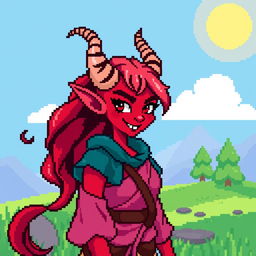 An 8-bit style depiction of a tiefling woman, featuring her iconic red skin, large curled horns, and a mischievous smile