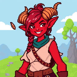 An 8-bit style depiction of a tiefling woman, featuring her iconic red skin, large curled horns, and a mischievous smile