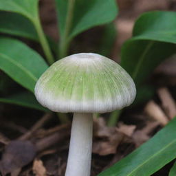 A vivid image of a white mushroom having grey stripes on the sides of the stem, topped with a vibrant green cap.