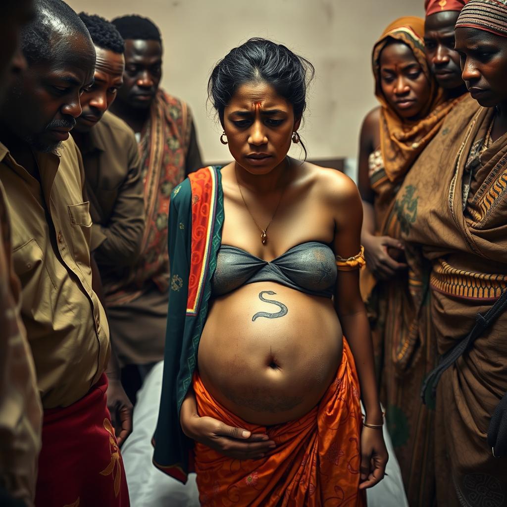 A poignant photograph of a worried, bruised, tired, and exhausted young pregnant Indian woman clad in a vibrant saree, her exposed midsection revealing a detailed snake tattoo that speaks to her strength