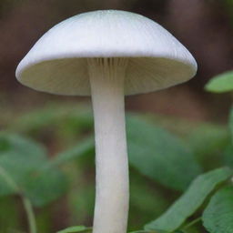 A vivid image of a white mushroom having grey stripes on the sides of the stem, topped with a vibrant green cap.