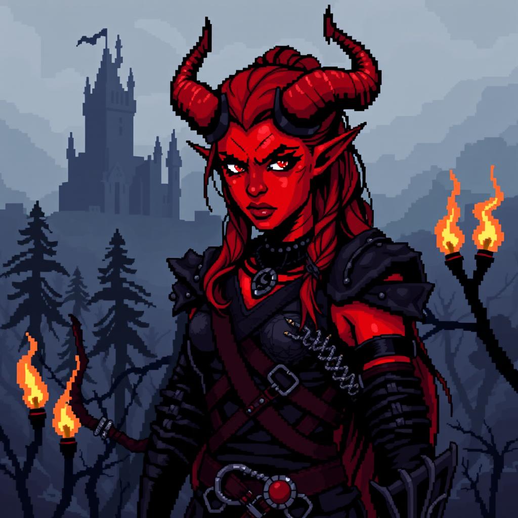 A pixel art representation of a red tiefling woman in a dark fantasy Dungeons & Dragons setting, crafted in 8-bit style