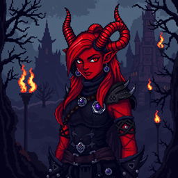 A pixel art representation of a red tiefling woman in a dark fantasy Dungeons & Dragons setting, crafted in 8-bit style