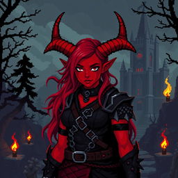 A pixel art representation of a red tiefling woman in a dark fantasy Dungeons & Dragons setting, crafted in 8-bit style