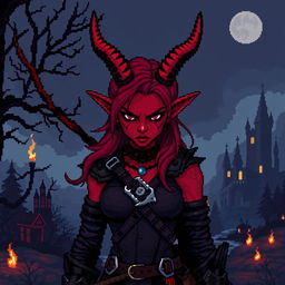 A pixel art representation of a red tiefling woman in a dark fantasy Dungeons & Dragons setting, crafted in 8-bit style