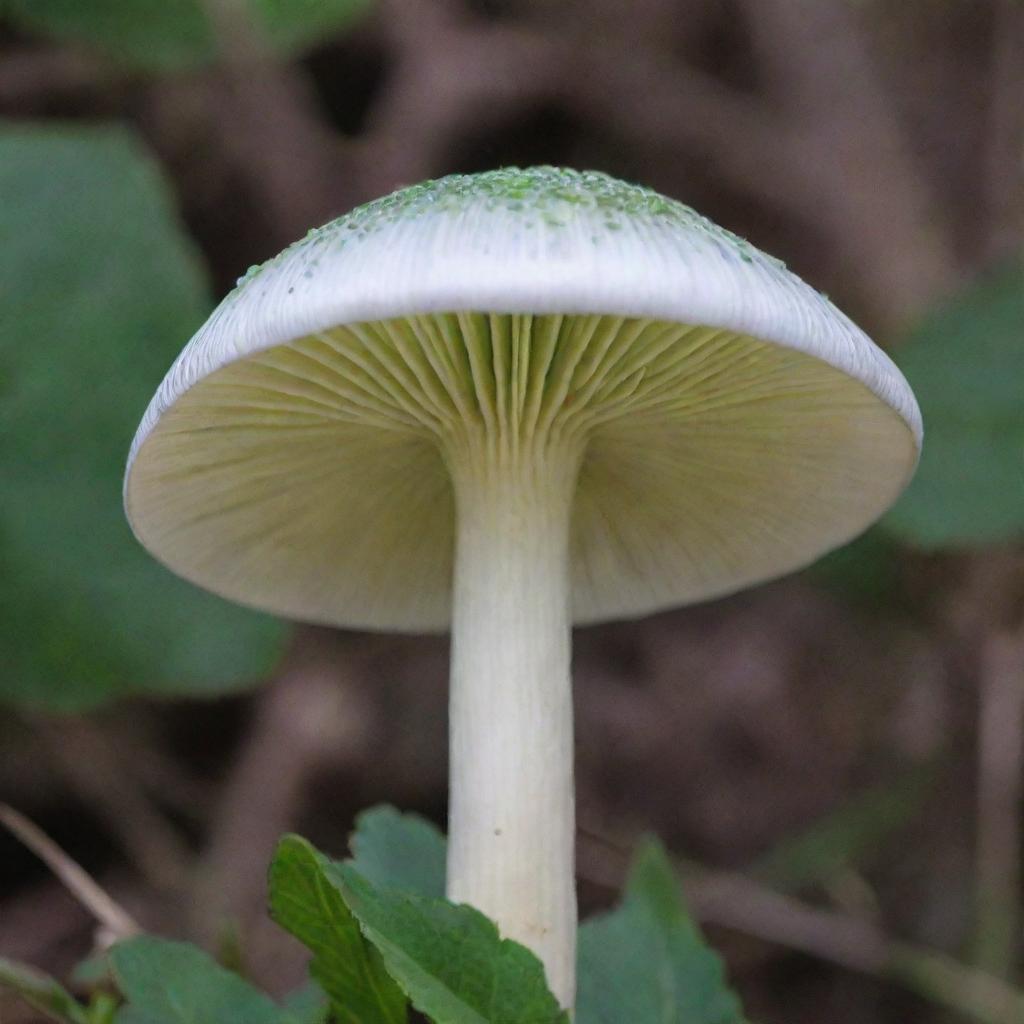 A vivid image of a white mushroom having grey stripes on the sides of the stem, topped with a vibrant green cap.