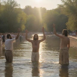 Depict Jesus Christ being baptized by John the Baptist in the Jordan river. The divine light shines upon them from the sky, and the Dove of the Holy Spirit hovers above, as bystanders watch this solemn and spiritual moment unfold.