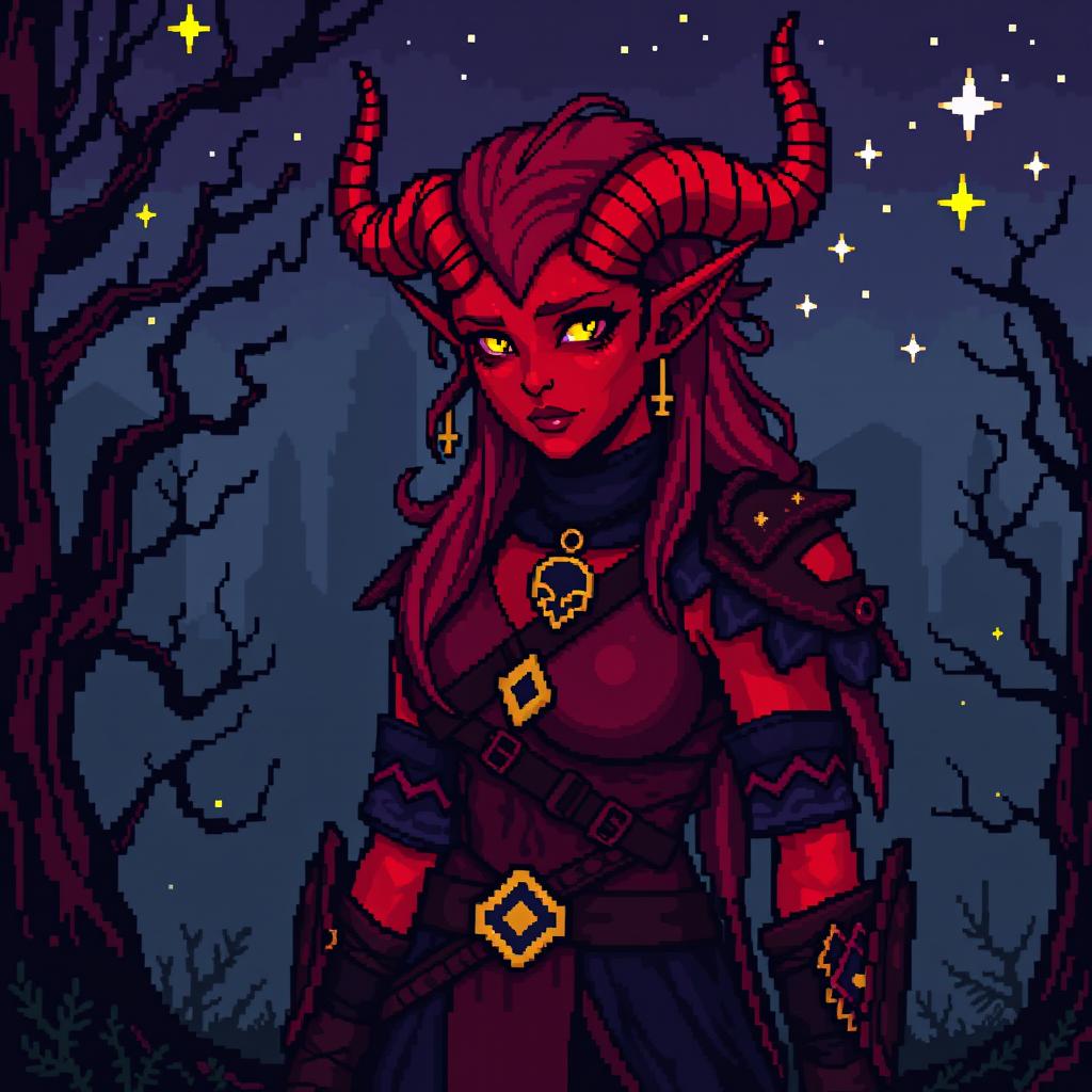 A pixel art depiction of a red tiefling woman in an 8-bit dark fantasy Dungeons & Dragons setting