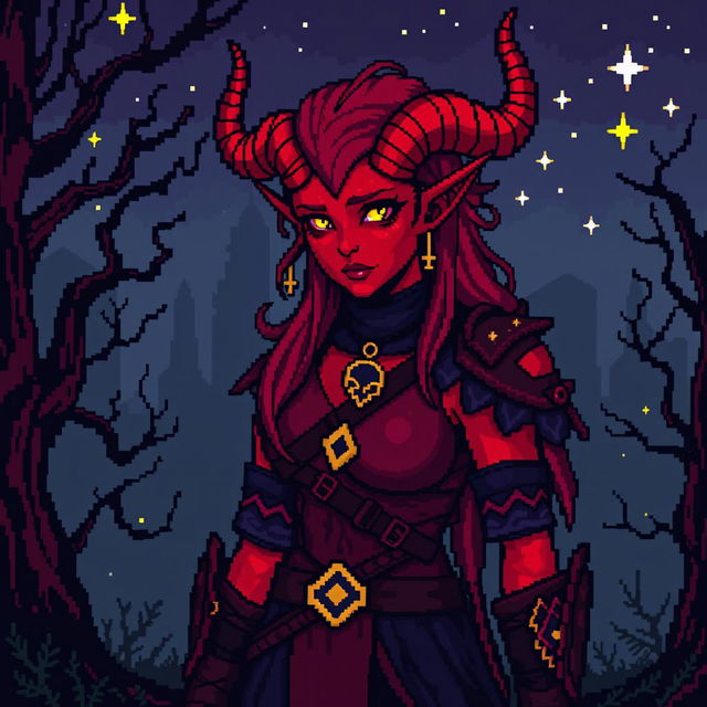 A pixel art depiction of a red tiefling woman in an 8-bit dark fantasy Dungeons & Dragons setting