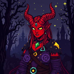 A pixel art depiction of a red tiefling woman in an 8-bit dark fantasy Dungeons & Dragons setting