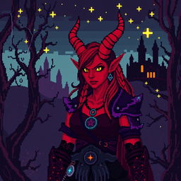 A pixel art depiction of a red tiefling woman in an 8-bit dark fantasy Dungeons & Dragons setting