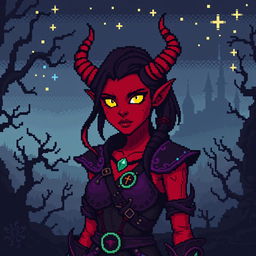 A pixel art depiction of a red tiefling woman in an 8-bit dark fantasy Dungeons & Dragons setting