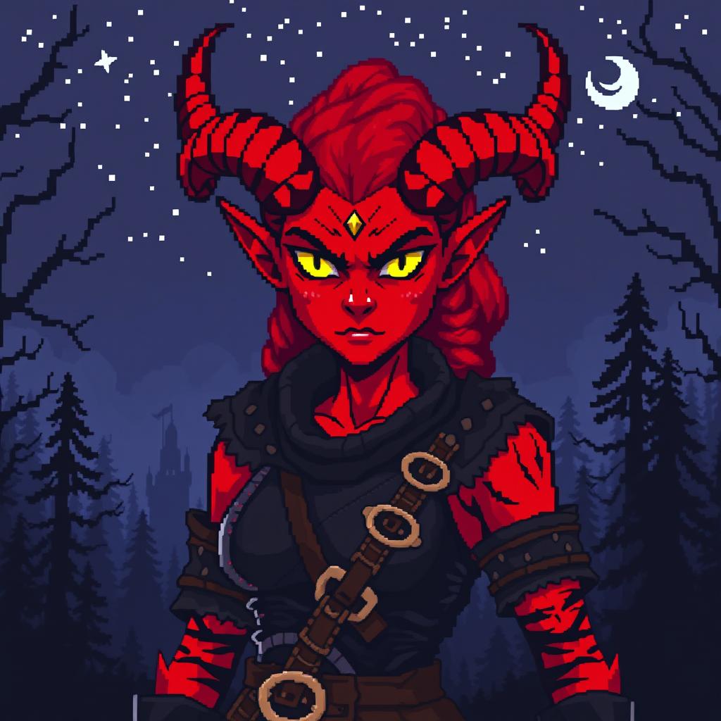 A vibrant 8-bit pixel art portrayal of a red tiefling woman set in a dark fantasy Dungeons & Dragons universe