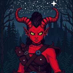 A vibrant 8-bit pixel art portrayal of a red tiefling woman set in a dark fantasy Dungeons & Dragons universe