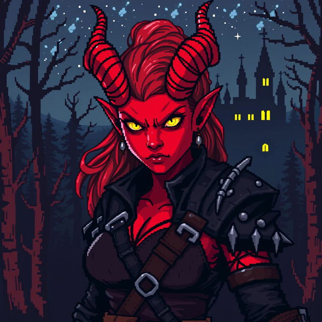 A vibrant 8-bit pixel art portrayal of a red tiefling woman set in a dark fantasy Dungeons & Dragons universe