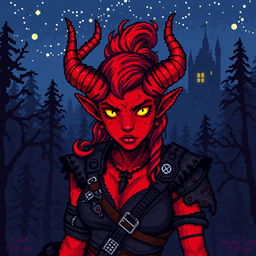 A vibrant 8-bit pixel art portrayal of a red tiefling woman set in a dark fantasy Dungeons & Dragons universe