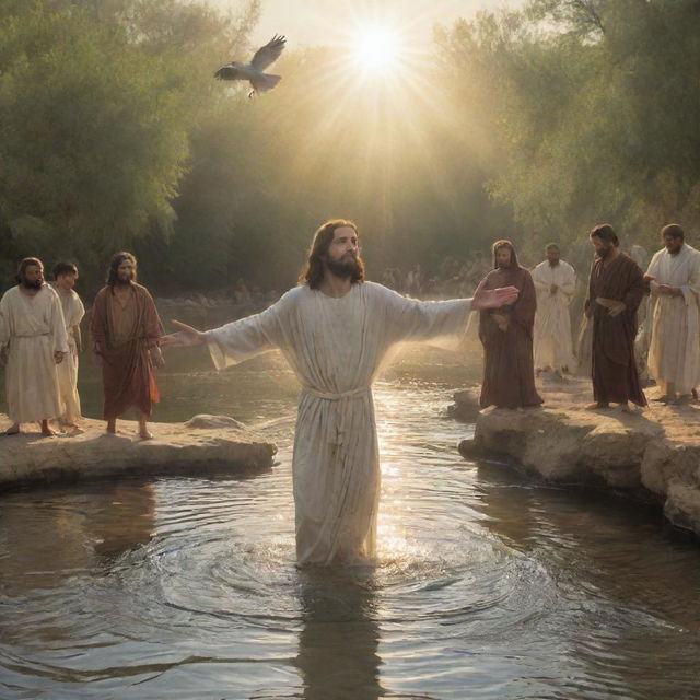 Depict Jesus Christ being baptized by John the Baptist in the Jordan river. The divine light shines upon them from the sky, and the Dove of the Holy Spirit hovers above, as bystanders watch this solemn and spiritual moment unfold.