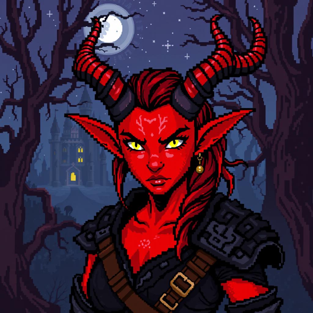 A striking 8-bit pixel art depiction of a red tiefling woman set in a dark fantasy Dungeons & Dragons world