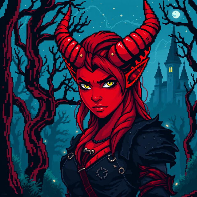 A striking 8-bit pixel art depiction of a red tiefling woman set in a dark fantasy Dungeons & Dragons world