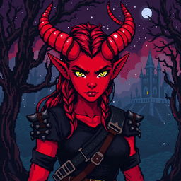 A striking 8-bit pixel art depiction of a red tiefling woman set in a dark fantasy Dungeons & Dragons world