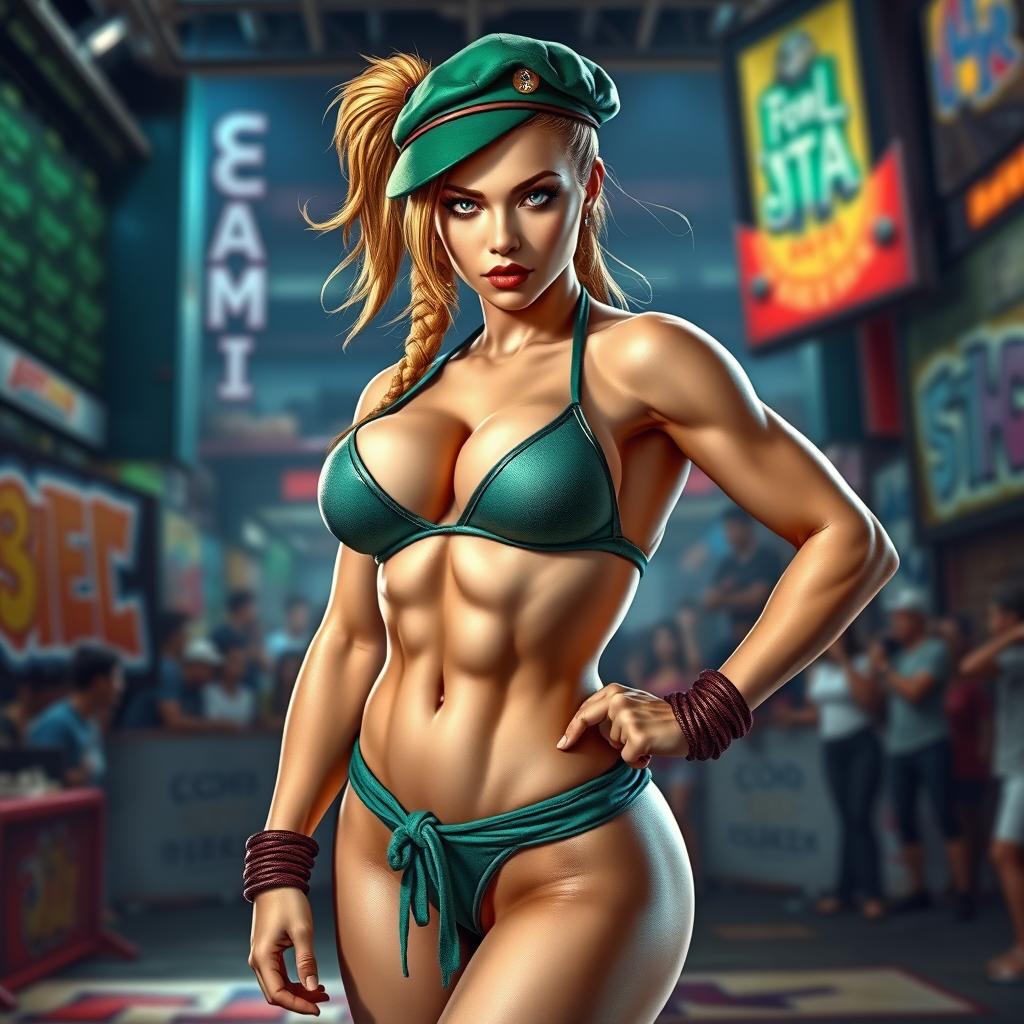 A dynamic portrayal of Cammy from Street Fighter, showcasing her in an elegant yet powerful pose, wearing a stylish bikini that highlights her muscular physique