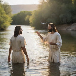 Depict Jesus Christ being baptized by John the Baptist in the Jordan river. The divine light shines upon them from the sky, and the Dove of the Holy Spirit hovers above, as bystanders watch this solemn and spiritual moment unfold.