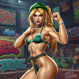 A dynamic portrayal of Cammy from Street Fighter, showcasing her in an elegant yet powerful pose, wearing a stylish bikini that highlights her muscular physique