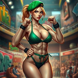 A dynamic portrayal of Cammy from Street Fighter, showcasing her in an elegant yet powerful pose, wearing a stylish bikini that highlights her muscular physique